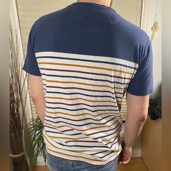 Djab Mens Faux Button Up Blue and Cream with Stripes Pocket T-Shirt Medium - Picture 2 of 5